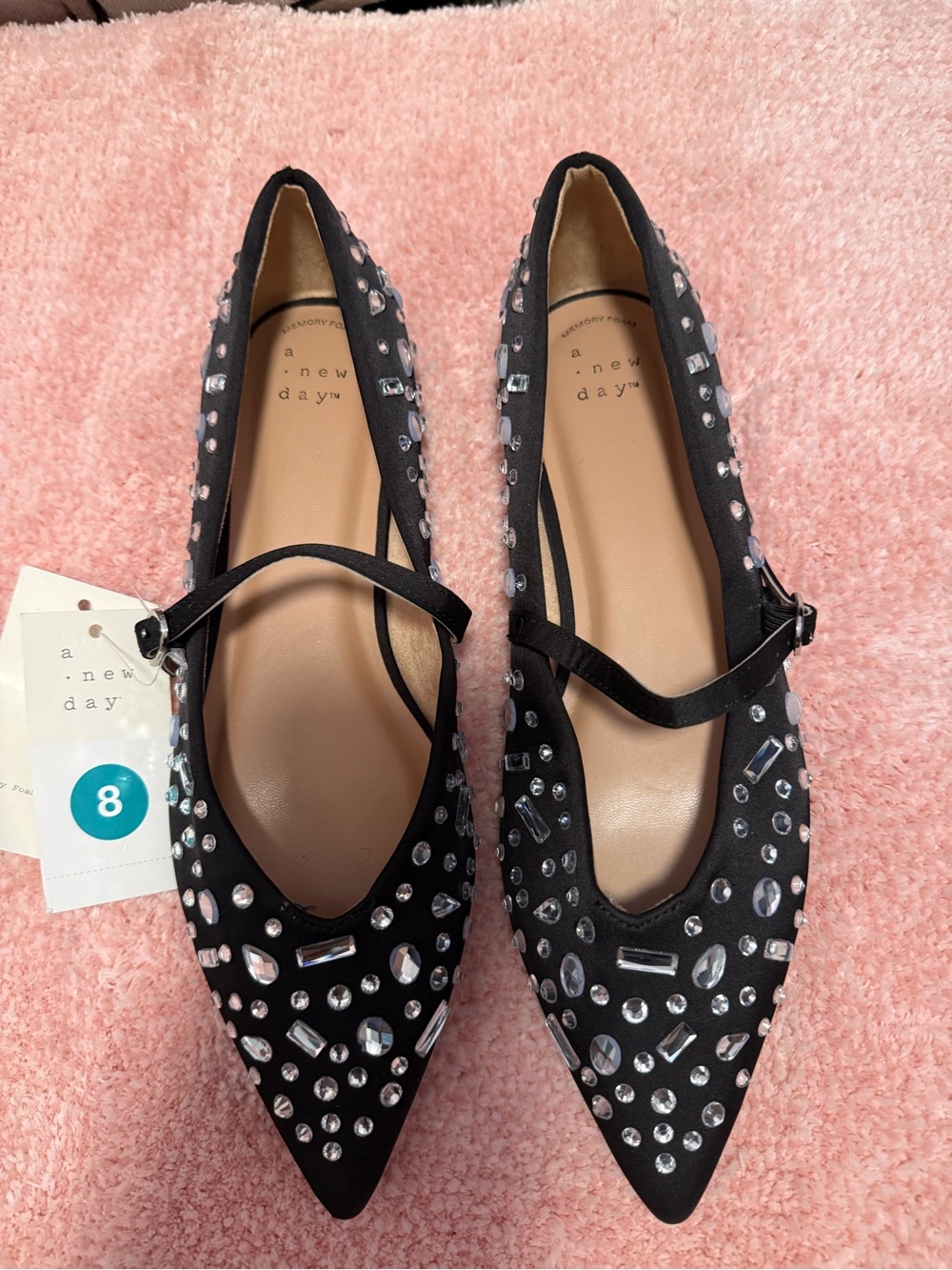 a new day Black Crystal-Embellished Pointed Mary Jane Flats